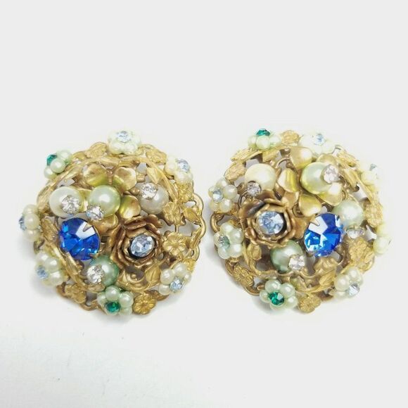 Vintage Rhinestone Floral Cluster Clip On Earrings, Blue Green Rhinestone, 50s - Picture 2 of 6